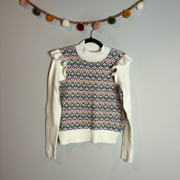 LOFT Geo Jacquard Ruffle Mock Neck Sweater - Picture 2 of 6